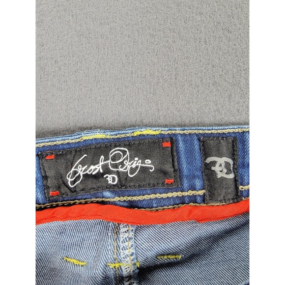 Frost Origin Shorts Mens 38 Blue Distressed Ripped Denim Yellow Patch Streetwear - Picture 7 of 15